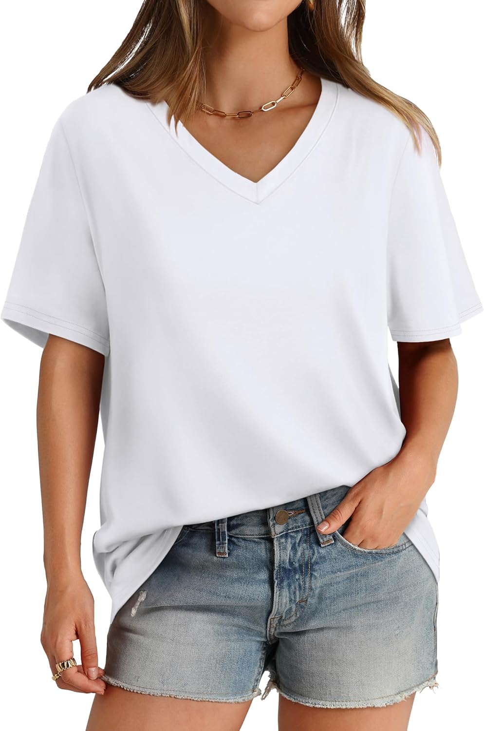 Womens T Shirts V Neck Short Sleeve Casual Loose Tees Tops 2025 Trending Now - Picture 25 of 69