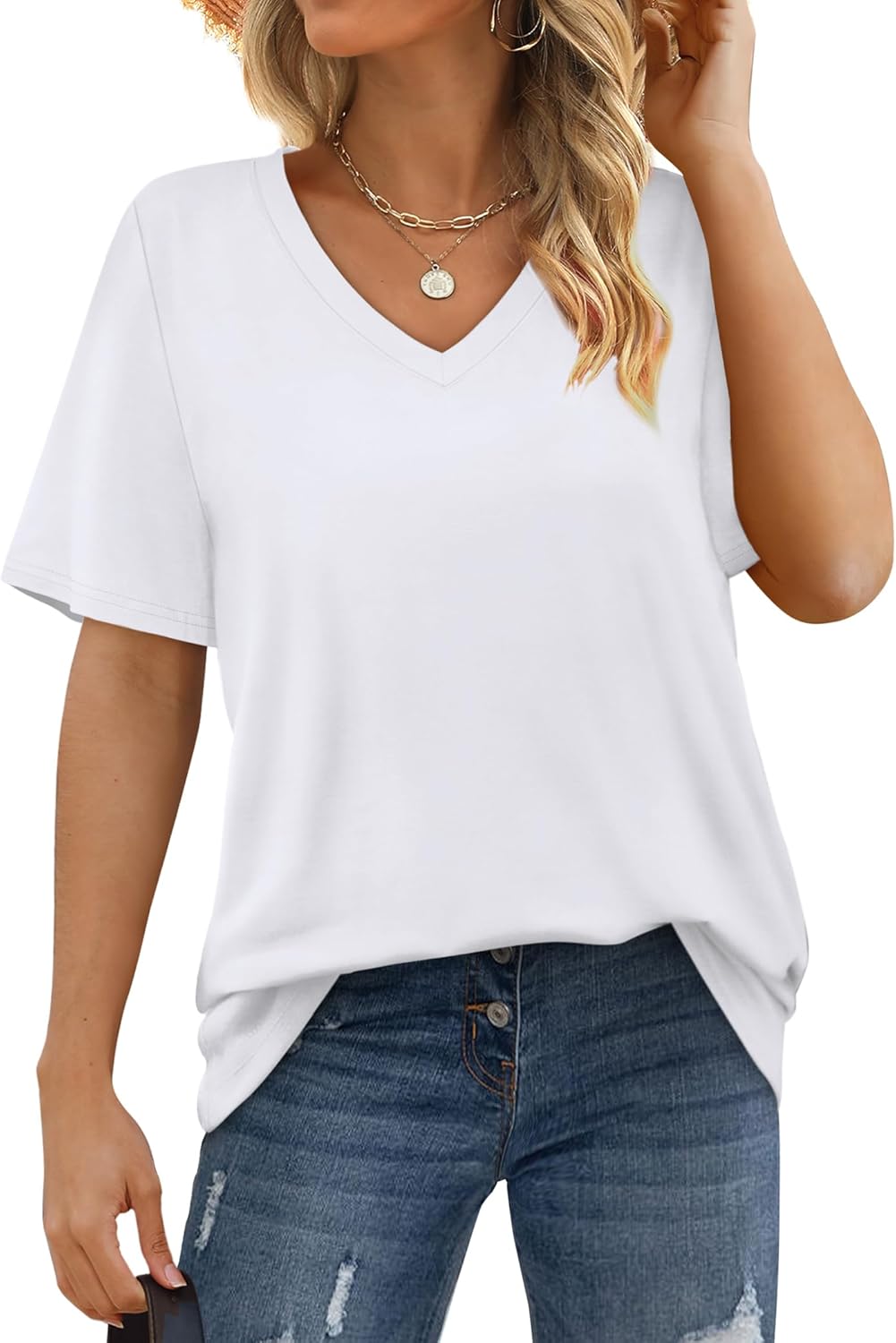 Womens T Shirts V Neck Short Sleeve Casual Loose Tees Tops 2025 Trending Now - Picture 27 of 69