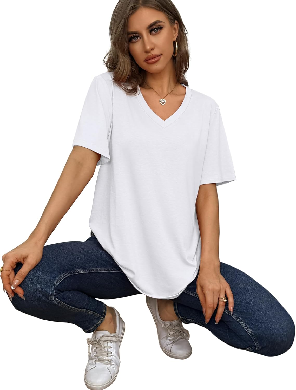 Womens T Shirts V Neck Short Sleeve Casual Loose Tees Tops 2025 Trending Now - Picture 28 of 69