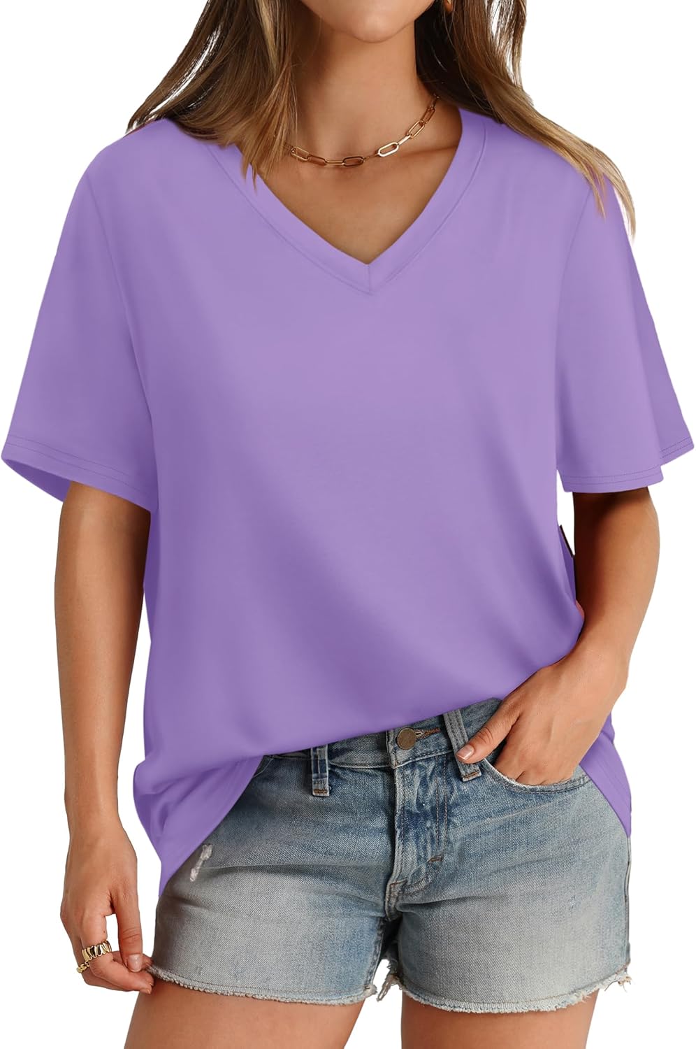 Womens T Shirts V Neck Short Sleeve Casual Loose Tees Tops 2025 Trending Now - Picture 35 of 69