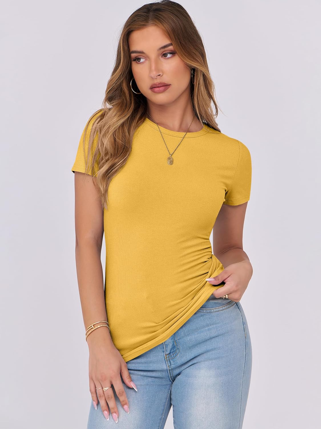 Mujeres Manga Corta Cuello Redondo Ajustado Camisas Verano Camiseta Básica Camiseta Prendas para el torso - Imagen 133 de 186