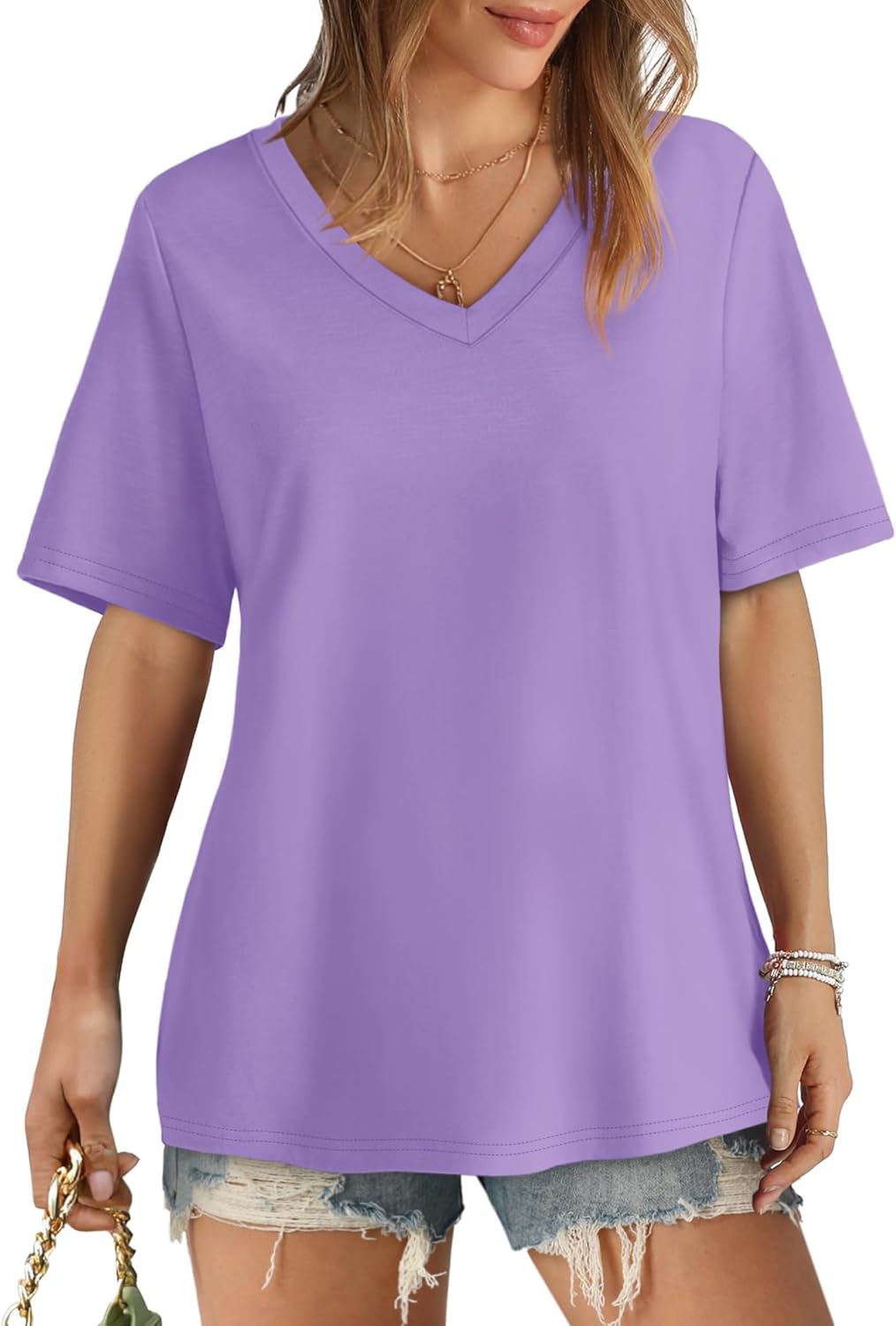 Womens T Shirts V Neck Short Sleeve Casual Loose Tees Tops 2025 Trending Now - Picture 36 of 69