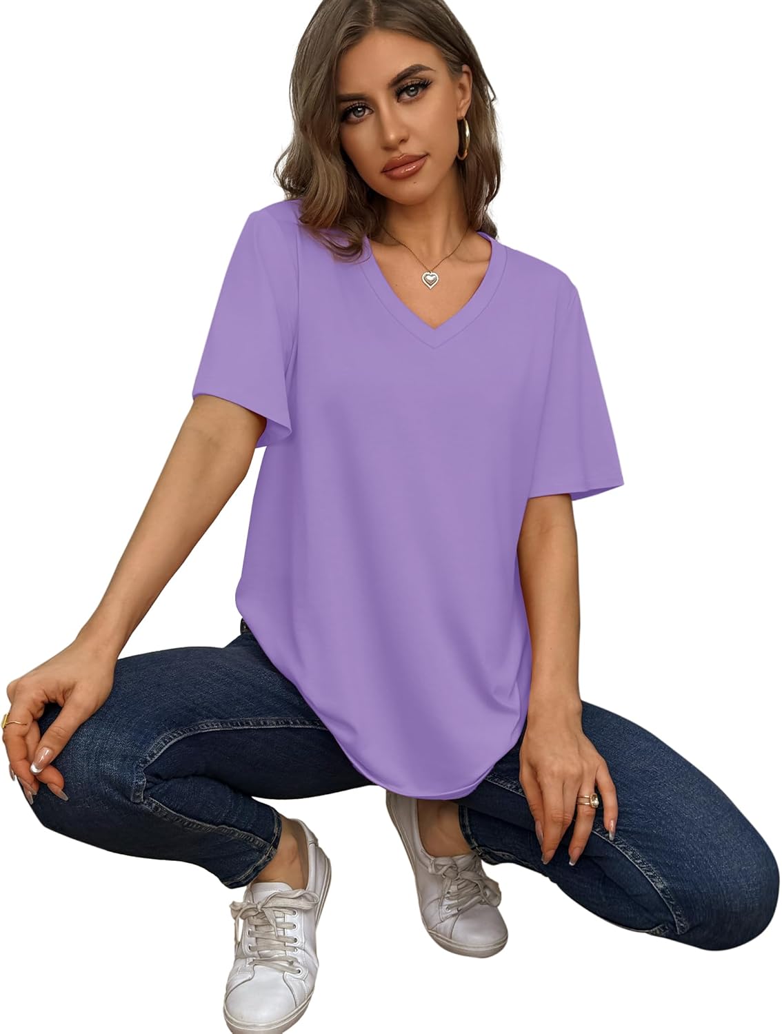 Womens T Shirts V Neck Short Sleeve Casual Loose Tees Tops 2025 Trending Now - Picture 37 of 69