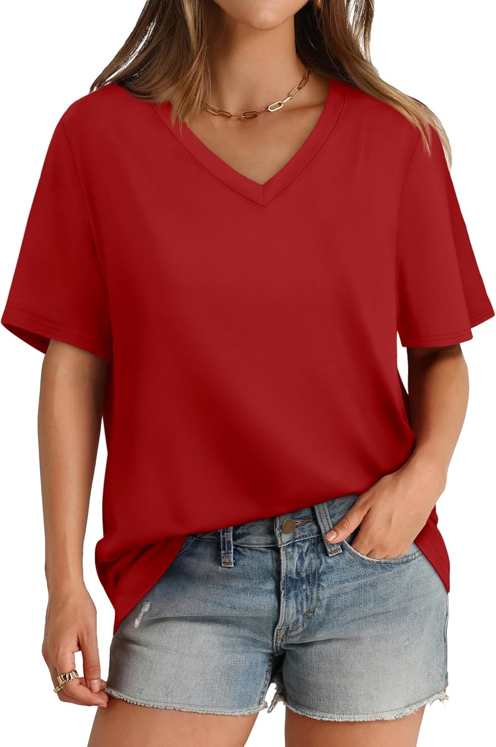 Womens T Shirts V Neck Short Sleeve Casual Loose Tees Tops 2025 Trending Now - Picture 39 of 69