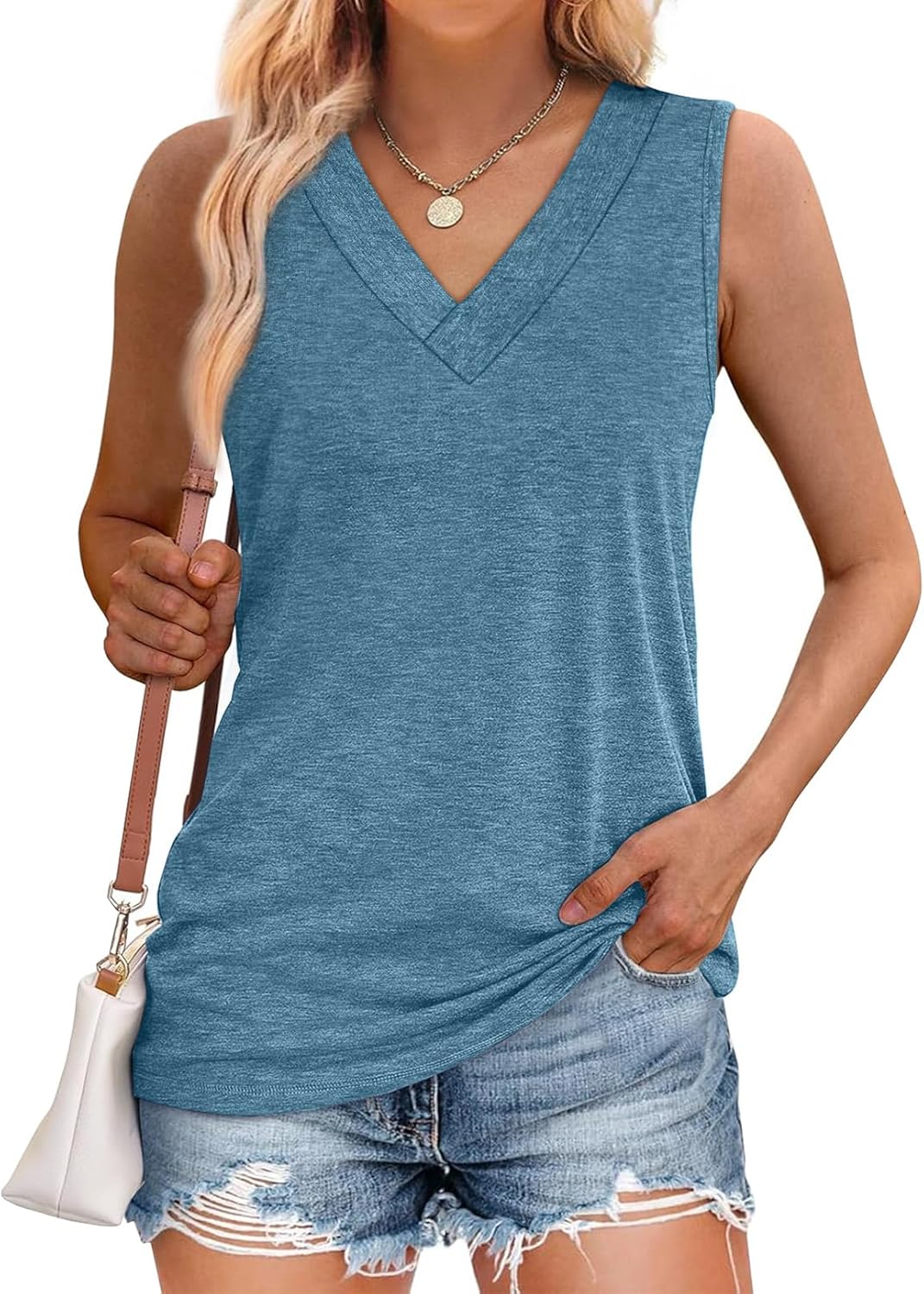 Tank Tops for Women Summer V Neck T Shirts Trendy Sleeveless Basic Tee Loose Fit - Picture 72 of 85