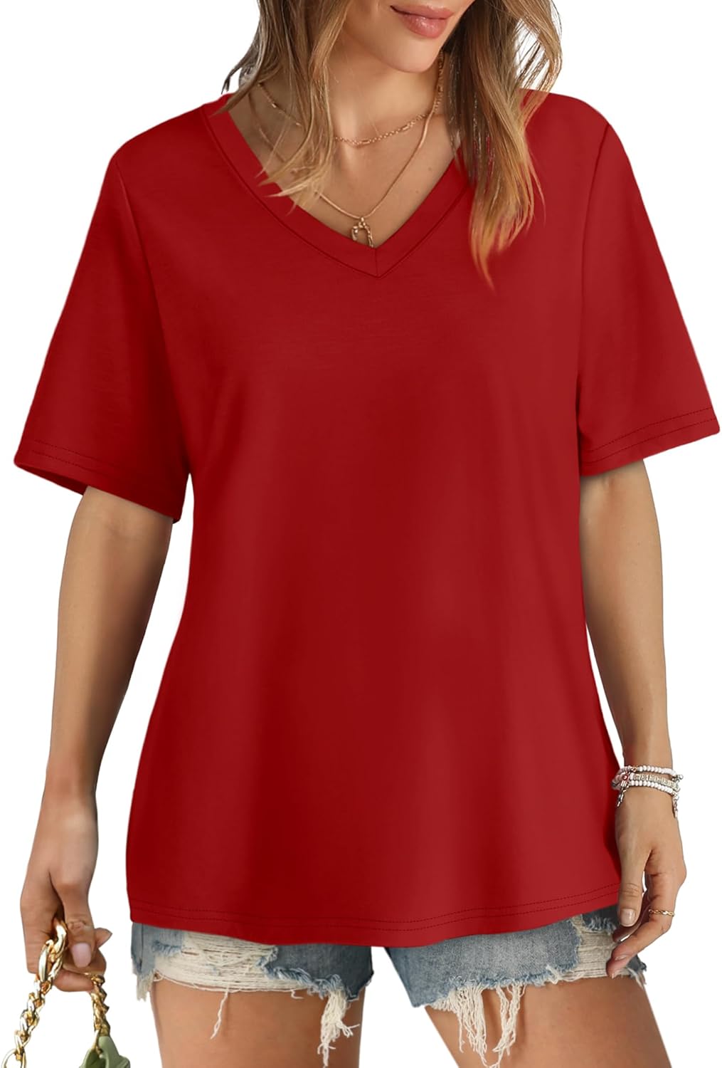 Womens T Shirts V Neck Short Sleeve Casual Loose Tees Tops 2025 Trending Now - Picture 40 of 69