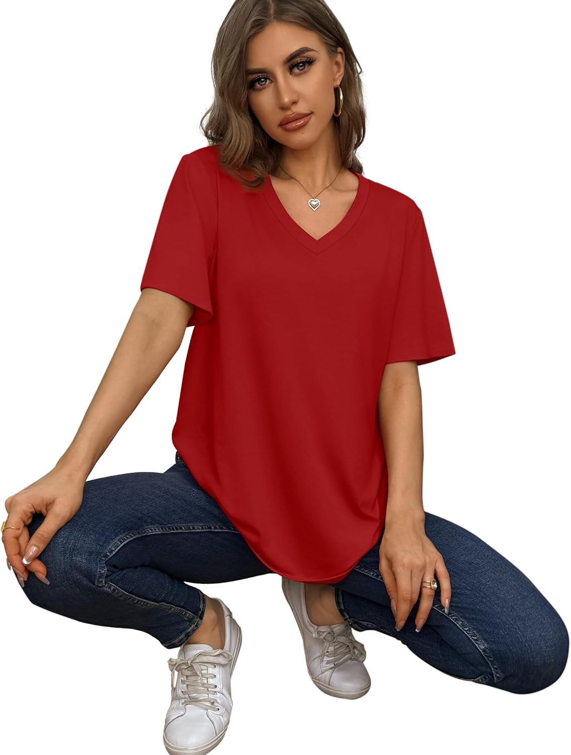 Womens T Shirts V Neck Short Sleeve Casual Loose Tees Tops 2025 Trending Now - Picture 41 of 69
