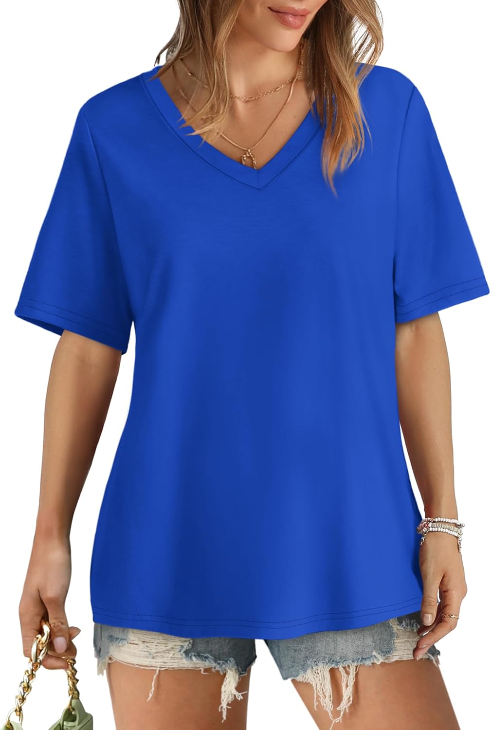 Womens T Shirts V Neck Short Sleeve Casual Loose Tees Tops 2025 Trending Now - Picture 44 of 69