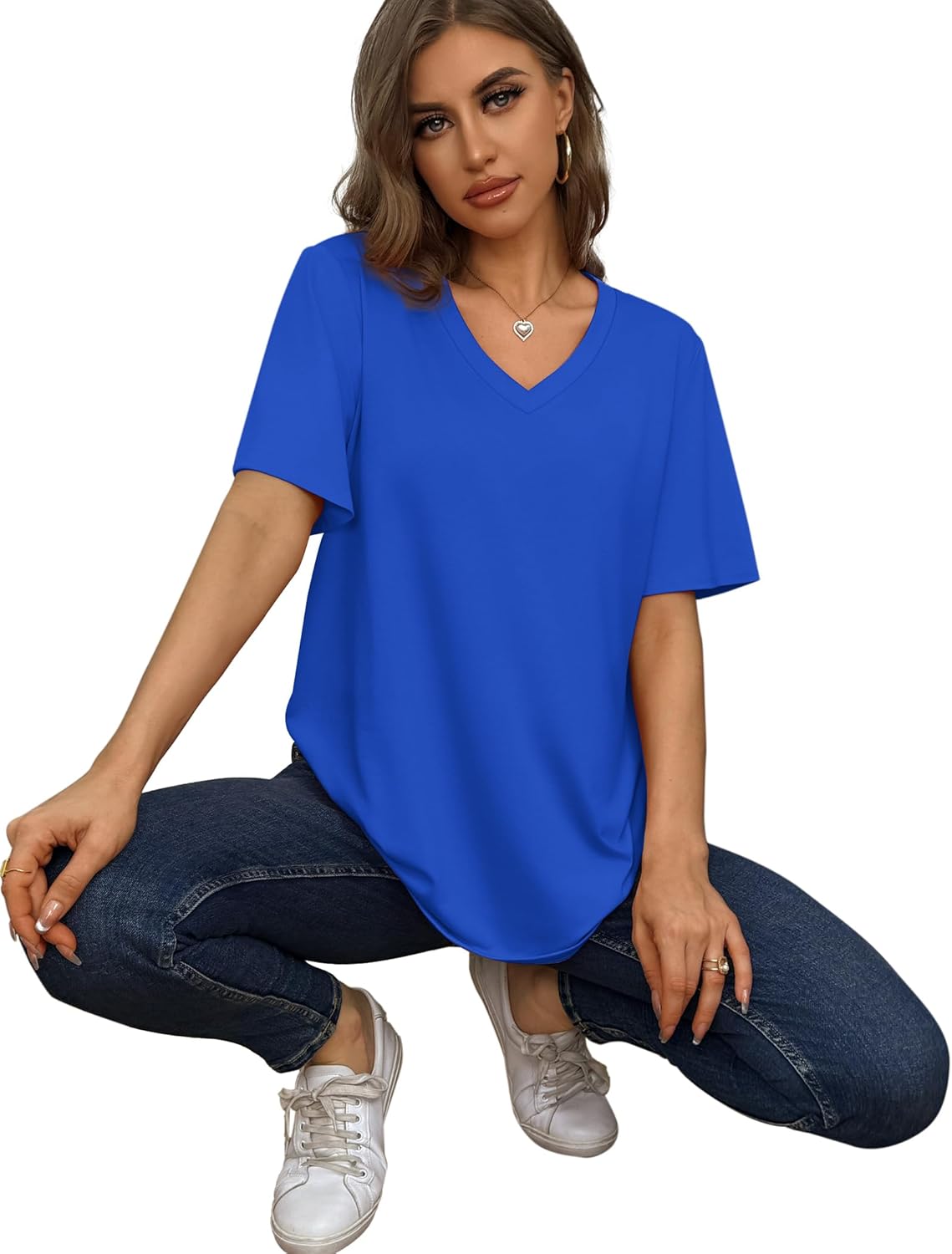 Womens T Shirts V Neck Short Sleeve Casual Loose Tees Tops 2025 Trending Now - Picture 45 of 69
