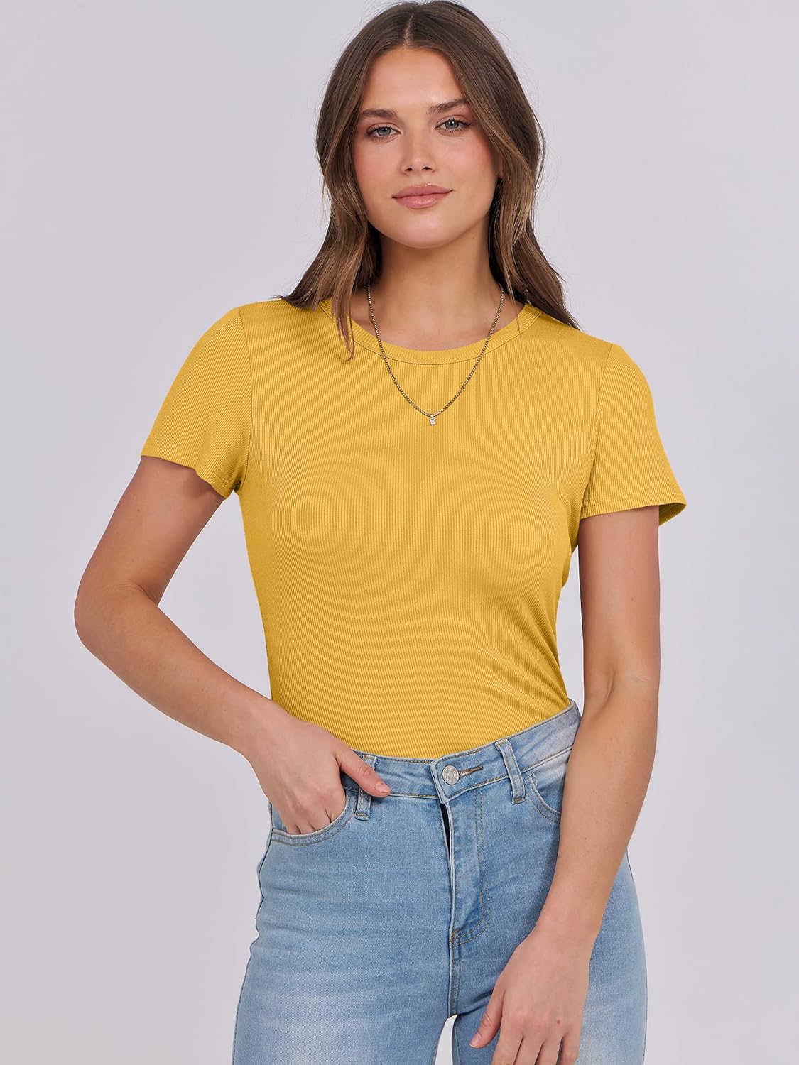 Mujeres Manga Corta Cuello Redondo Ajustado Camisas Verano Camiseta Básica Camiseta Prendas para el torso - Imagen 137 de 186