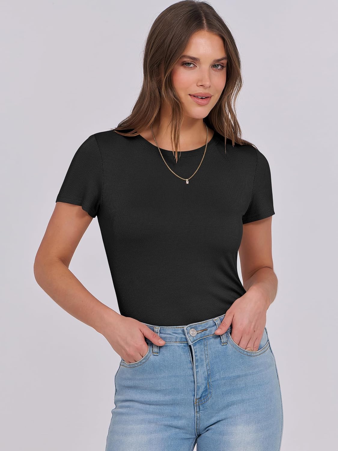 Mujeres Manga Corta Cuello Redondo Ajustado Camisas Verano Camiseta Básica Camiseta Prendas para el torso - Imagen 139 de 186
