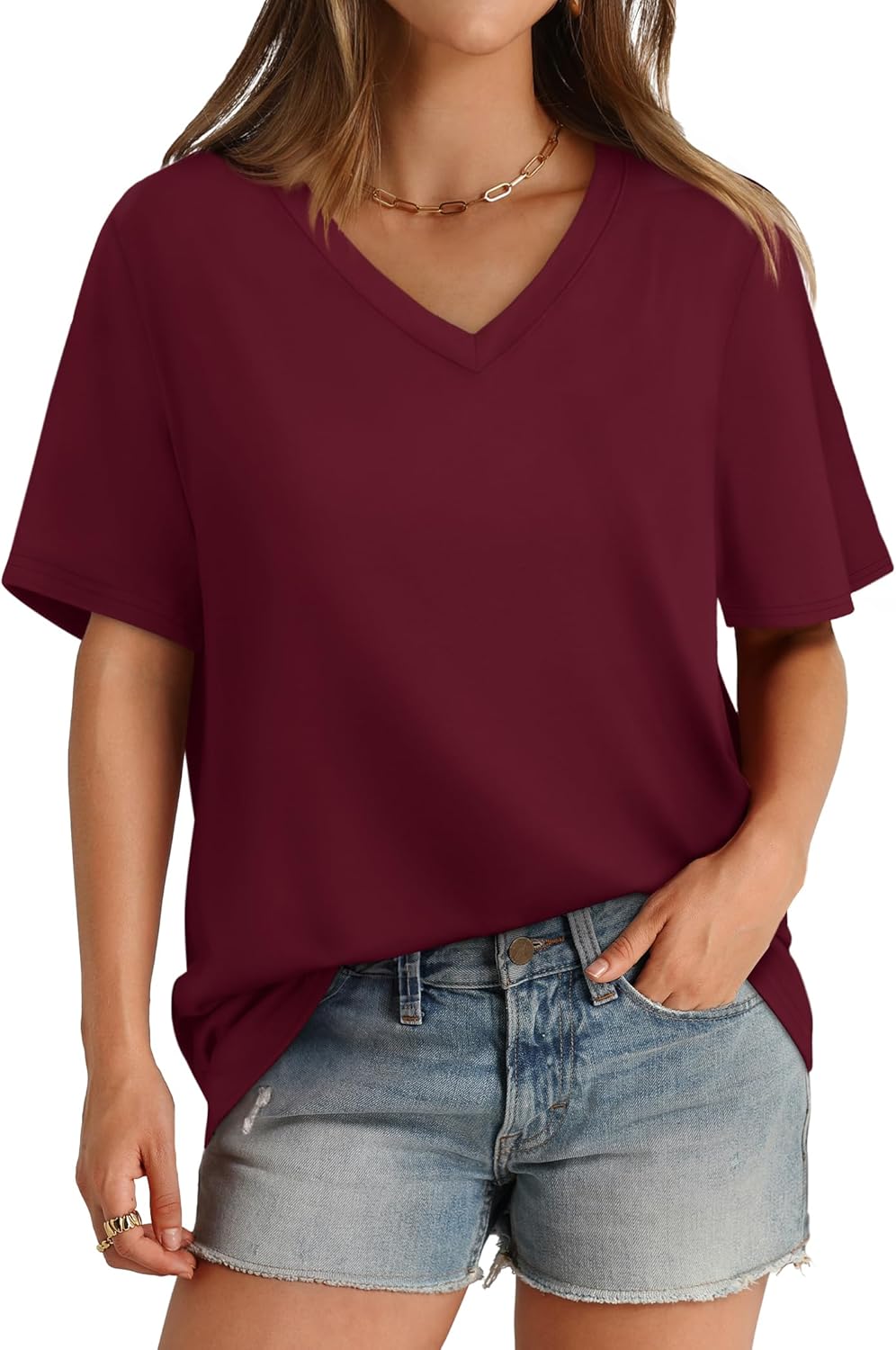 Womens T Shirts V Neck Short Sleeve Casual Loose Tees Tops 2025 Trending Now - Picture 48 of 69