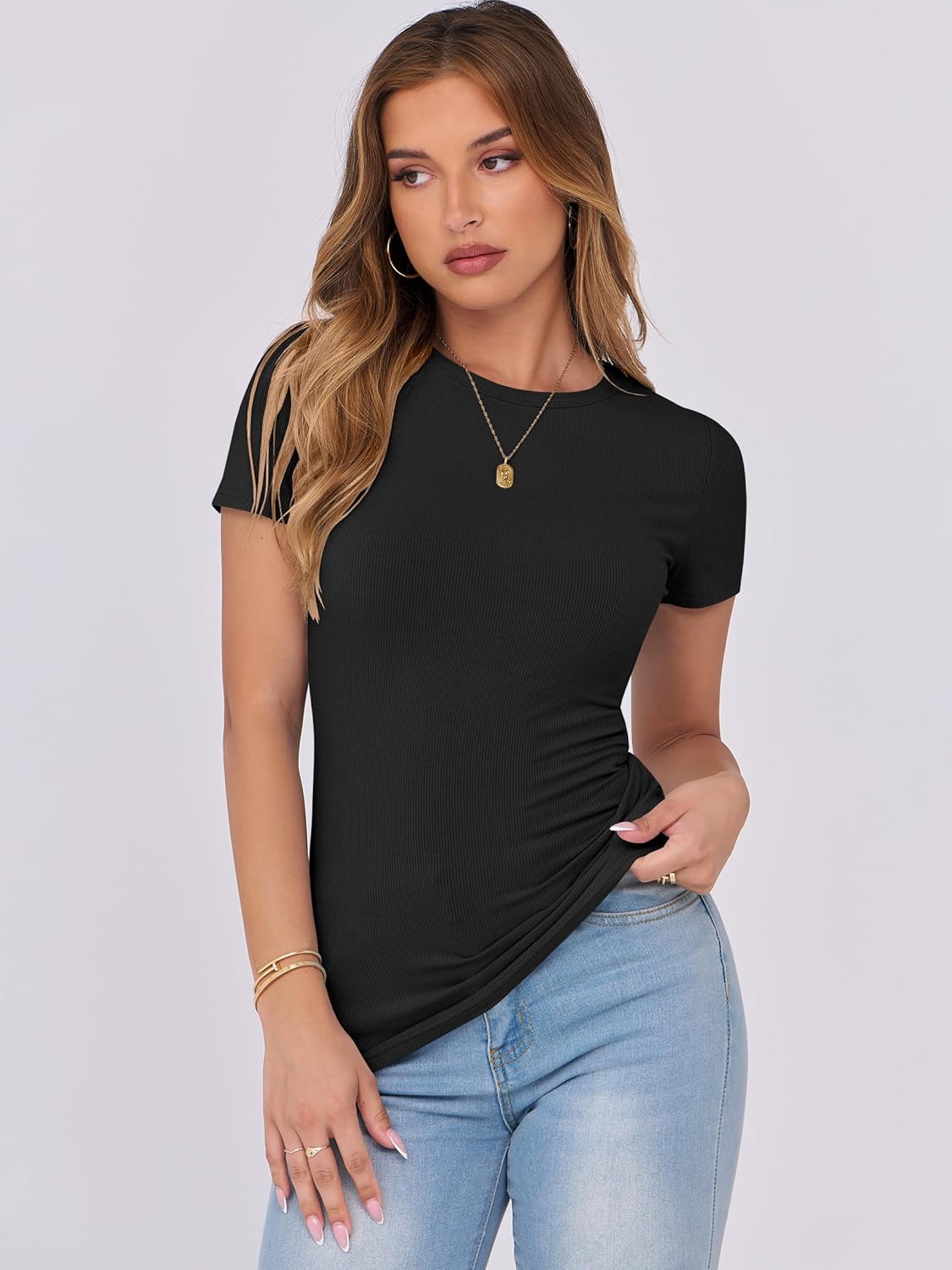 Mujeres Manga Corta Cuello Redondo Ajustado Camisas Verano Camiseta Básica Camiseta Prendas para el torso - Imagen 140 de 186