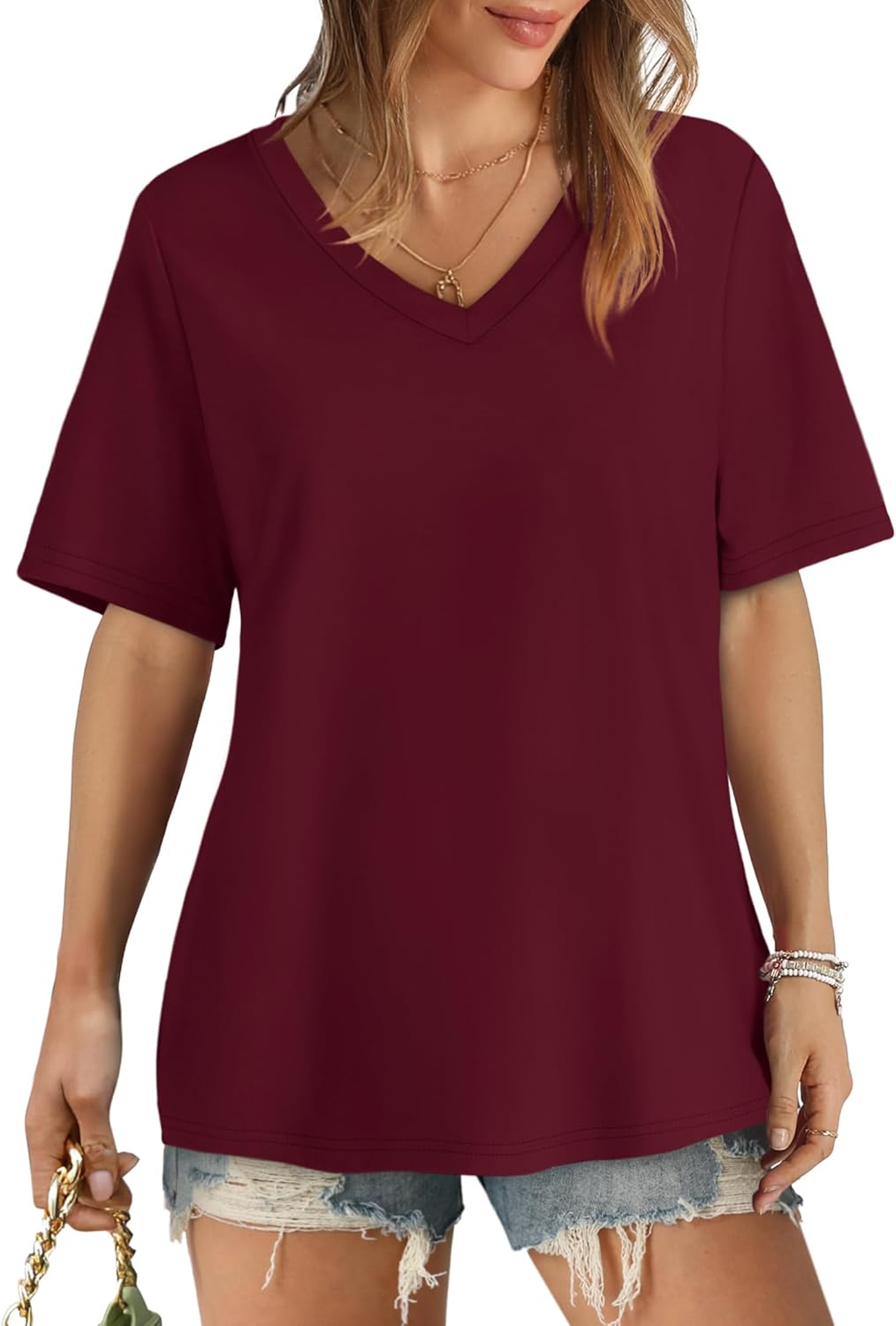 Womens T Shirts V Neck Short Sleeve Casual Loose Tees Tops 2025 Trending Now - Picture 49 of 69
