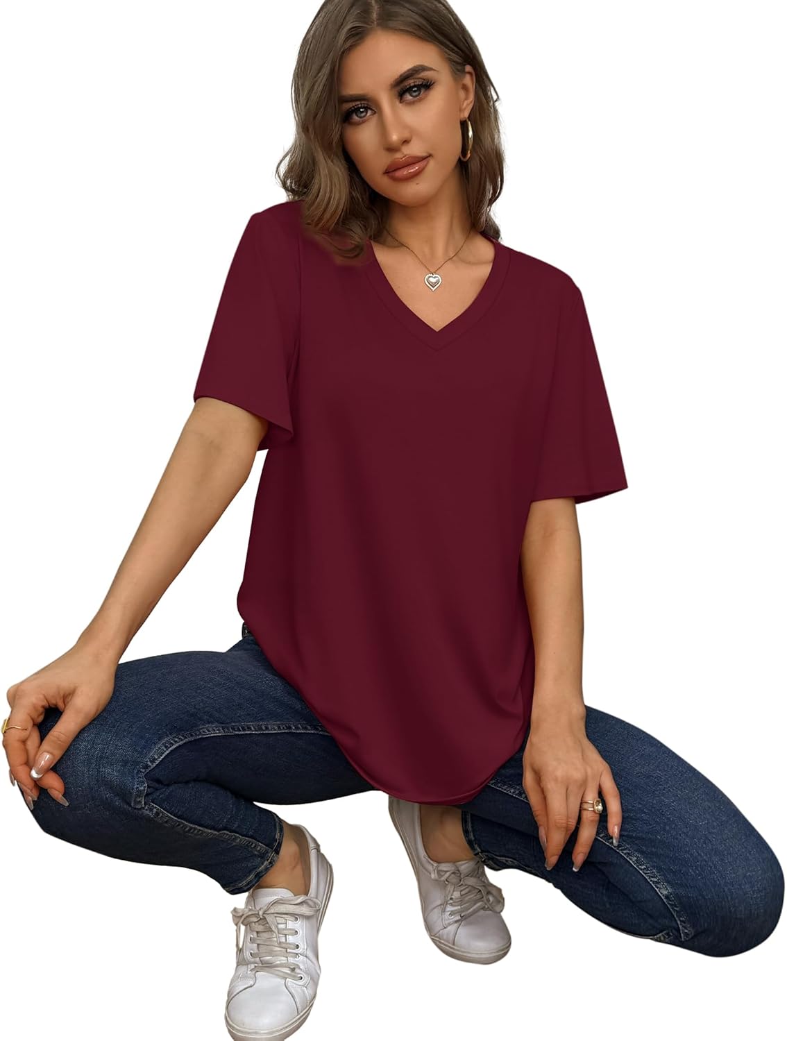 Womens T Shirts V Neck Short Sleeve Casual Loose Tees Tops 2025 Trending Now - Picture 50 of 69