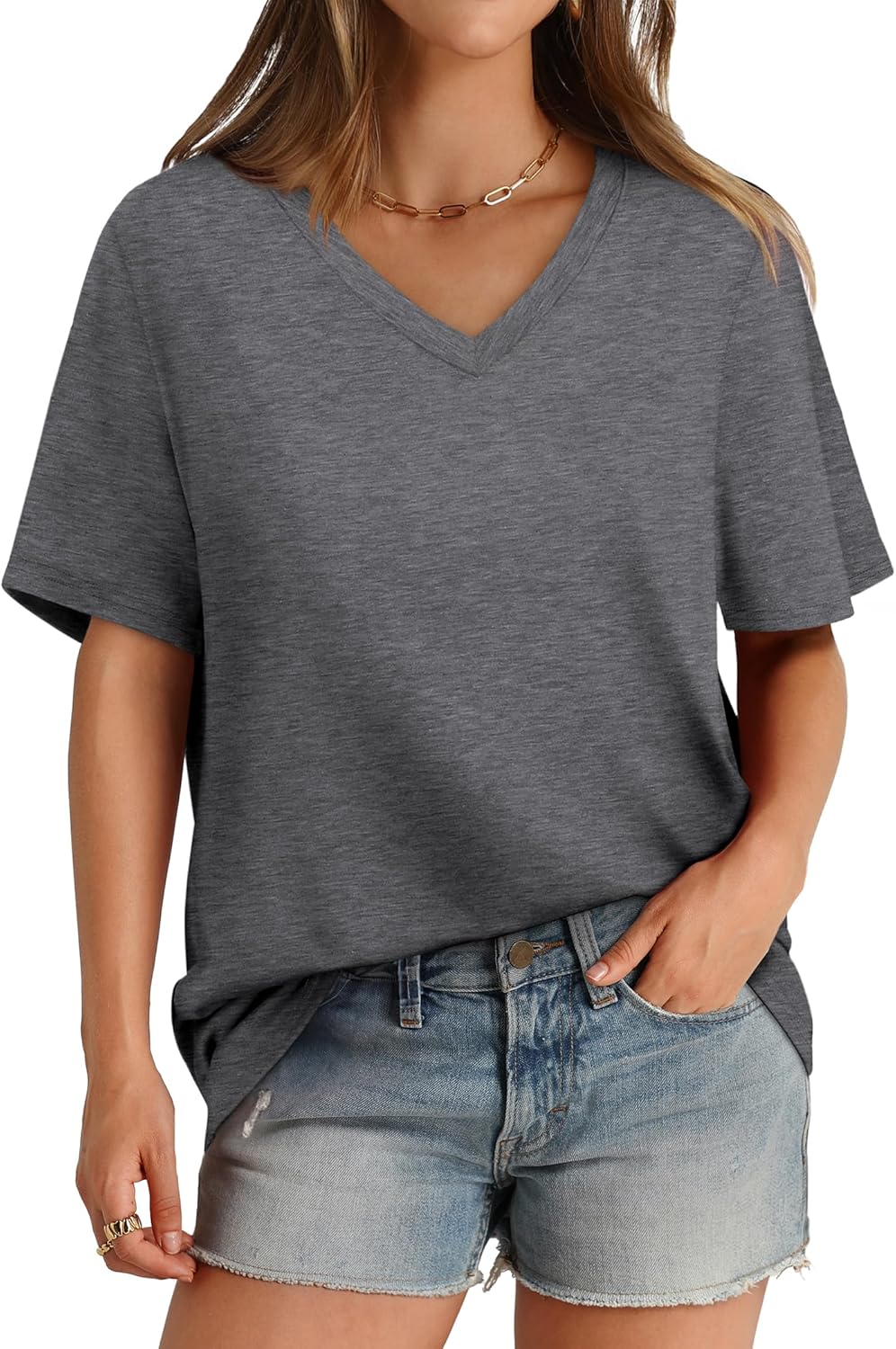 Womens T Shirts V Neck Short Sleeve Casual Loose Tees Tops 2025 Trending Now - Picture 52 of 69