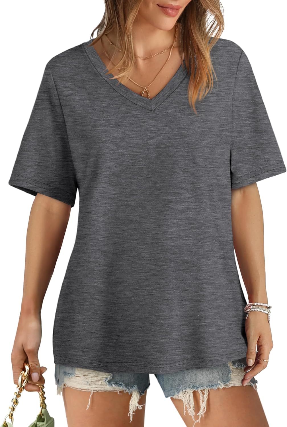 Womens T Shirts V Neck Short Sleeve Casual Loose Tees Tops 2025 Trending Now - Picture 53 of 69