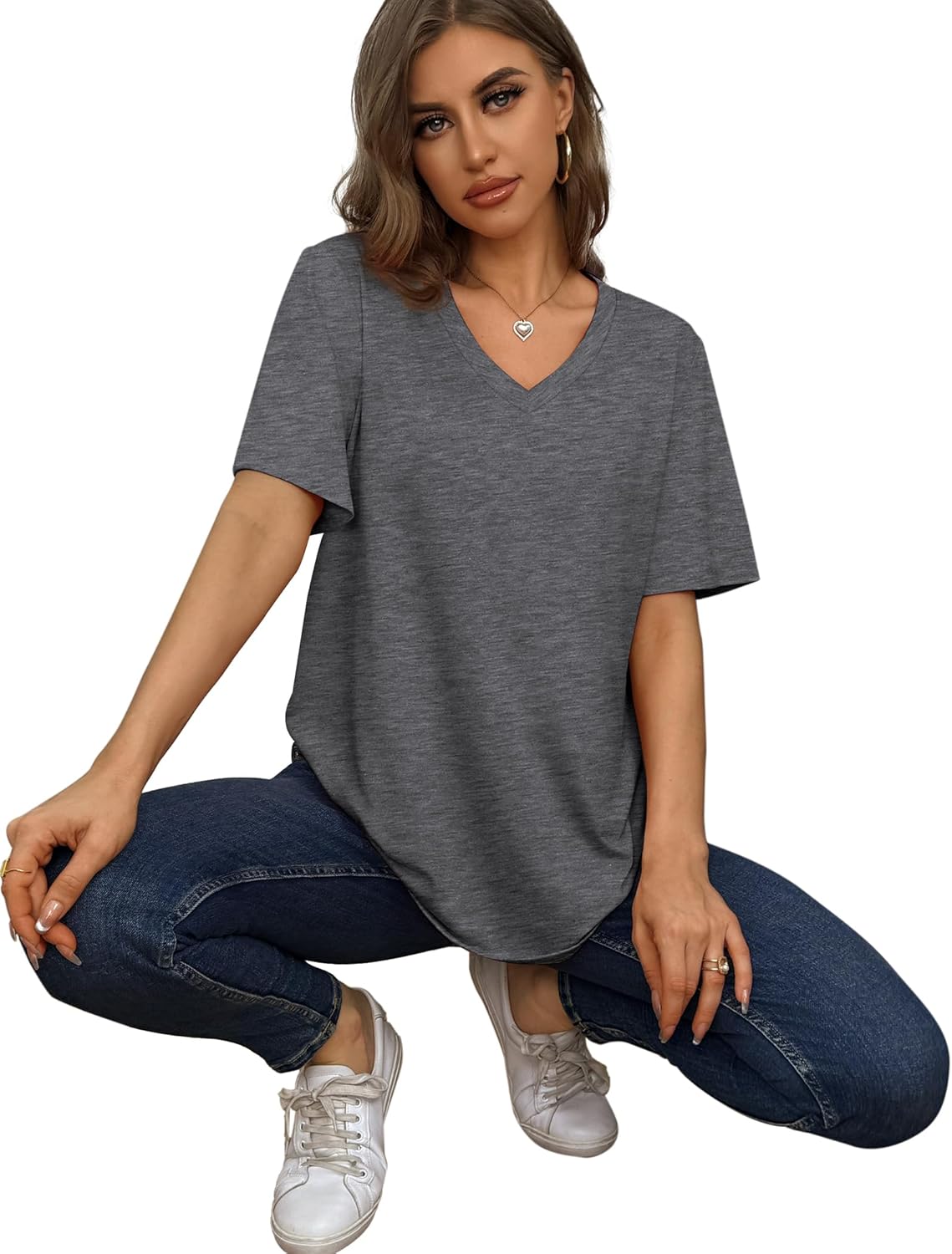 Womens T Shirts V Neck Short Sleeve Casual Loose Tees Tops 2025 Trending Now - Picture 54 of 69