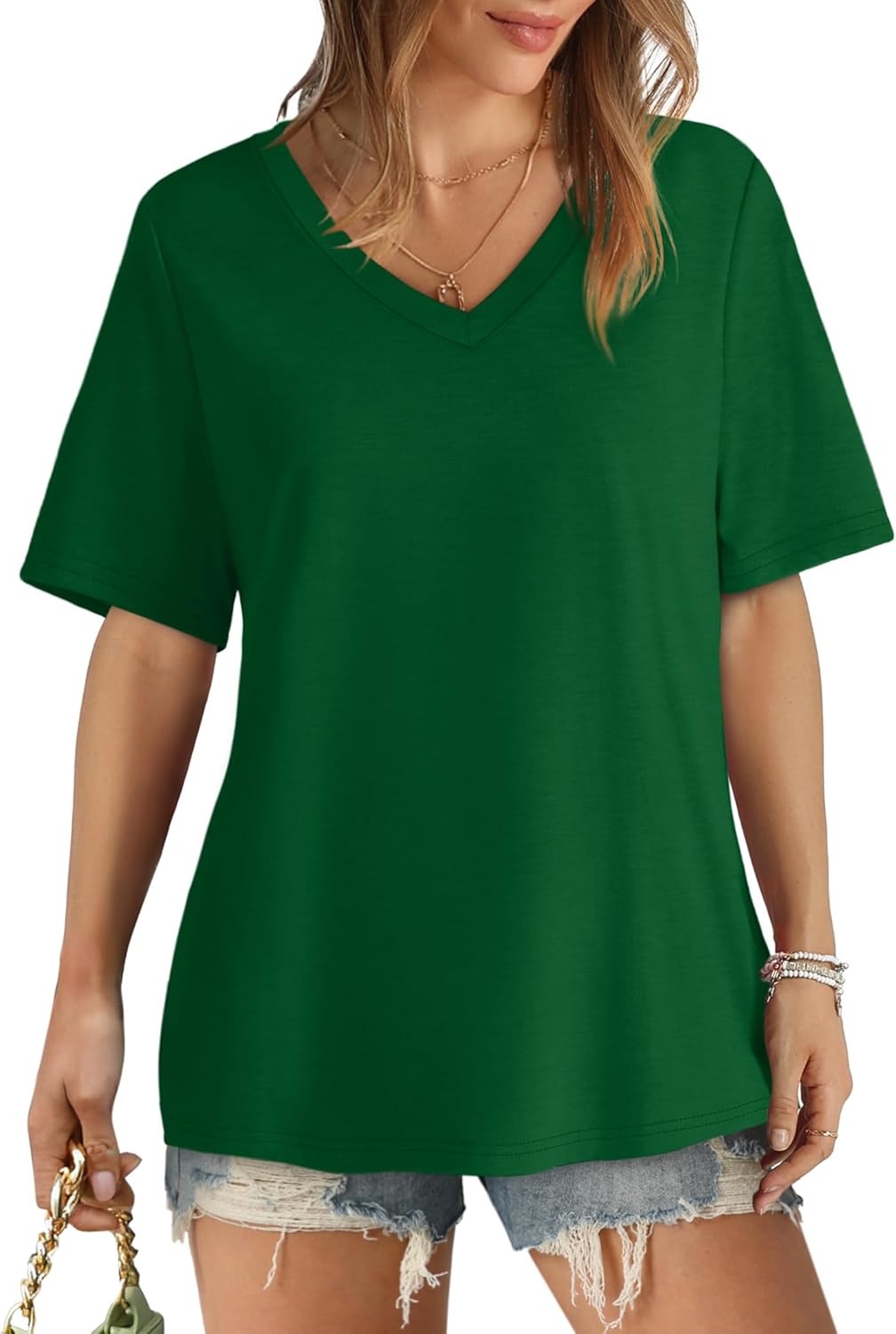 Womens T Shirts V Neck Short Sleeve Casual Loose Tees Tops 2025 Trending Now - Picture 57 of 69