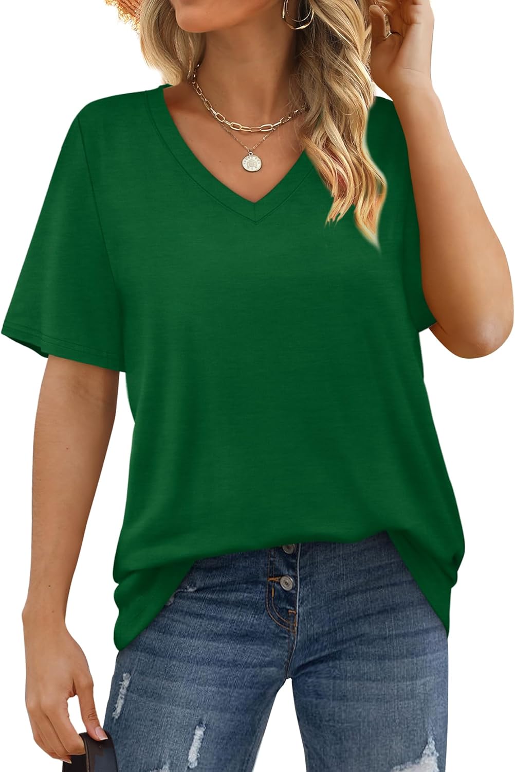 Womens T Shirts V Neck Short Sleeve Casual Loose Tees Tops 2025 Trending Now - Picture 58 of 69