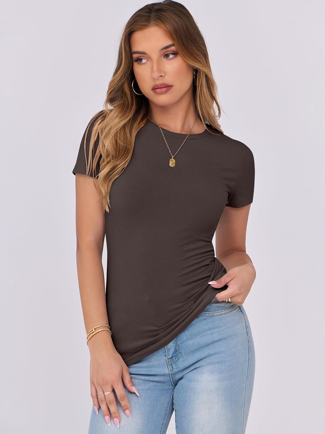 Mujeres Manga Corta Cuello Redondo Ajustado Camisas Verano Camiseta Básica Camiseta Prendas para el torso - Imagen 147 de 186