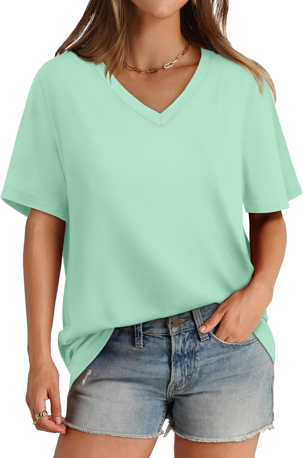 Womens T Shirts V Neck Short Sleeve Casual Loose Tees Tops 2025 Trending Now - Picture 61 of 69