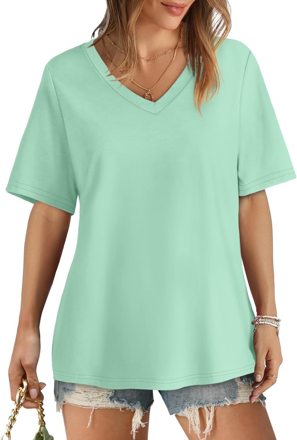 Womens T Shirts V Neck Short Sleeve Casual Loose Tees Tops 2025 Trending Now - Picture 62 of 69