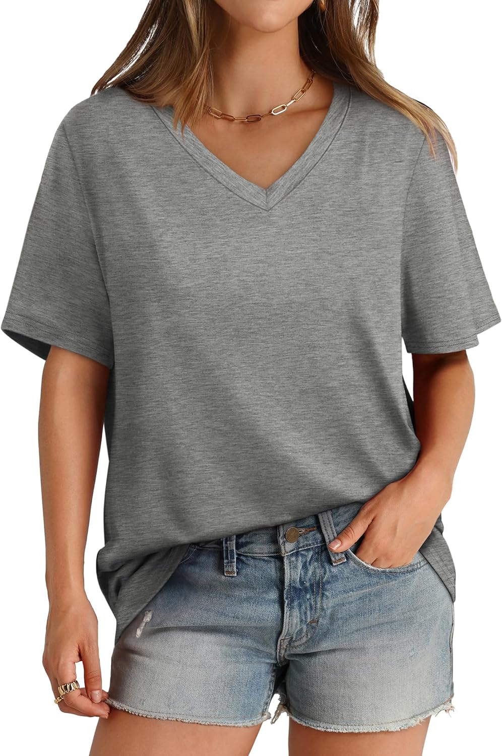 Womens T Shirts V Neck Short Sleeve Casual Loose Tees Tops 2025 Trending Now - Picture 65 of 69