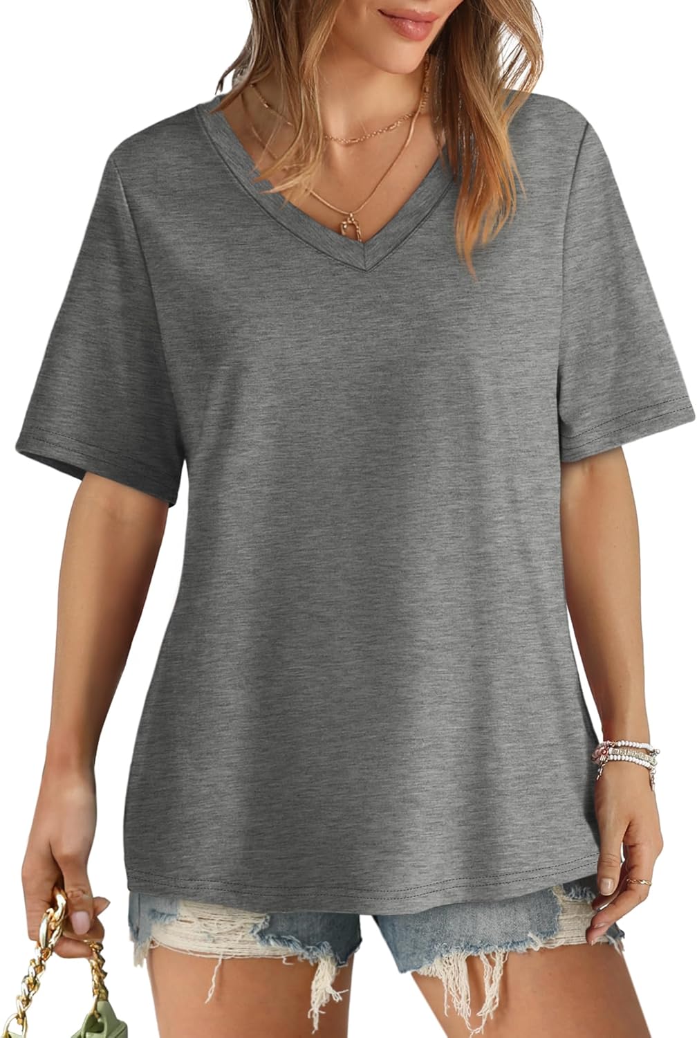 Womens T Shirts V Neck Short Sleeve Casual Loose Tees Tops 2025 Trending Now - Picture 66 of 69