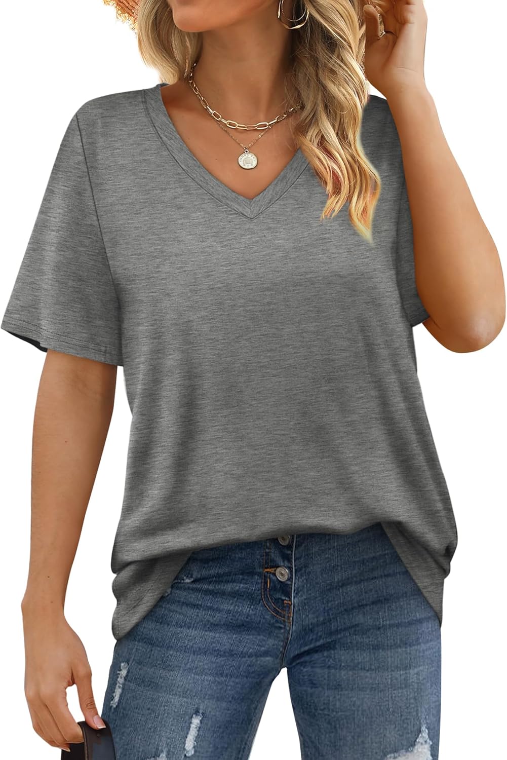 Womens T Shirts V Neck Short Sleeve Casual Loose Tees Tops 2025 Trending Now - Picture 67 of 69