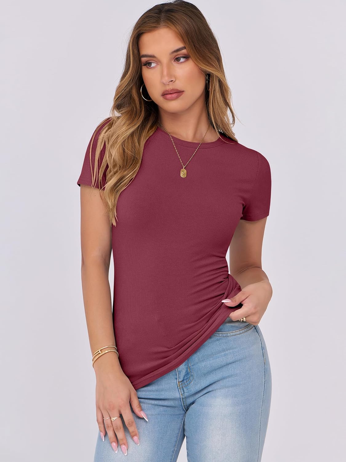 Mujeres Manga Corta Cuello Redondo Ajustado Camisas Verano Camiseta Básica Camiseta Prendas para el torso - Imagen 154 de 186