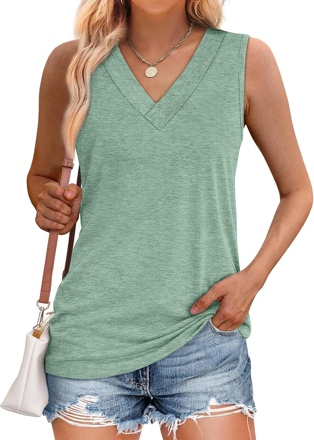 Tank Tops for Women Summer V Neck T Shirts Trendy Sleeveless Basic Tee Loose Fit - Picture 82 of 85