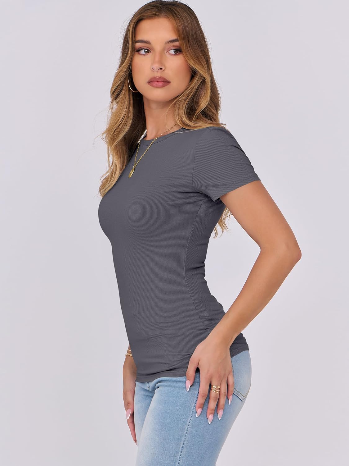 Mujeres Manga Corta Cuello Redondo Ajustado Camisas Verano Camiseta Básica Camiseta Prendas para el torso - Imagen 163 de 186