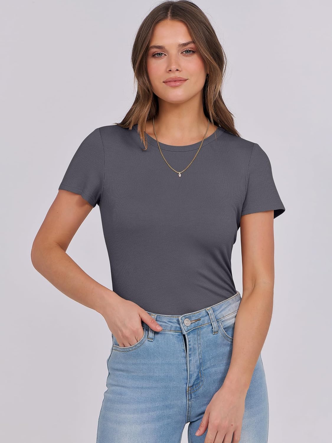 Mujeres Manga Corta Cuello Redondo Ajustado Camisas Verano Camiseta Básica Camiseta Prendas para el torso - Imagen 165 de 186