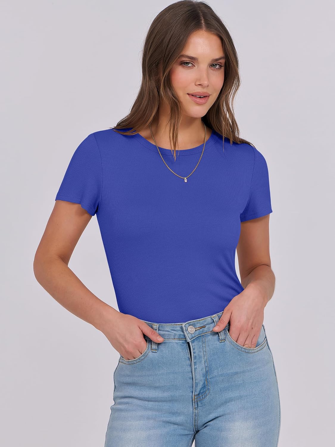 Mujeres Manga Corta Cuello Redondo Ajustado Camisas Verano Camiseta Básica Camiseta Prendas para el torso - Imagen 174 de 186