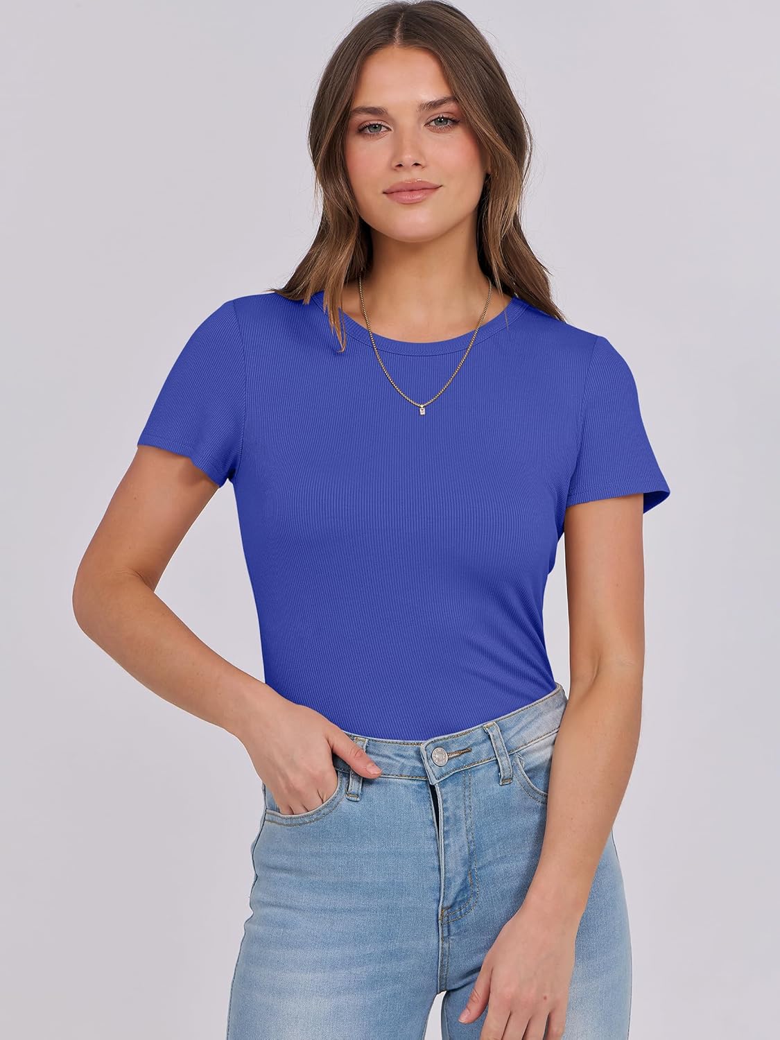 Mujeres Manga Corta Cuello Redondo Ajustado Camisas Verano Camiseta Básica Camiseta Prendas para el torso - Imagen 179 de 186