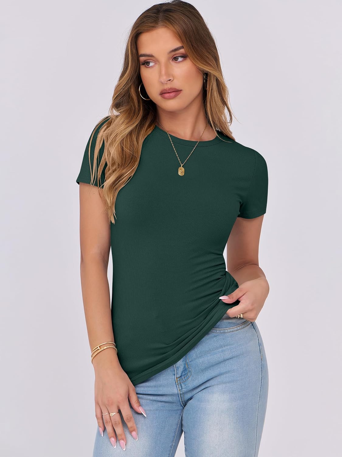 Mujeres Manga Corta Cuello Redondo Ajustado Camisas Verano Camiseta Básica Camiseta Prendas para el torso - Imagen 182 de 186