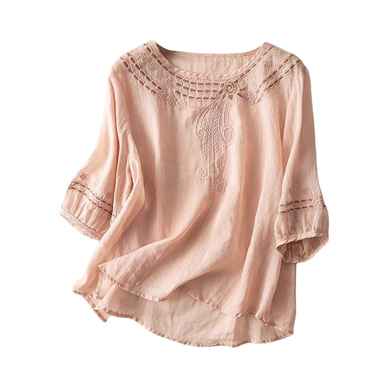 Damen Baumwolle Leinen Tunika Top Shirt Sommer Freizeit Baggy Uni Bluse Übergröße - Bild 24 von 31