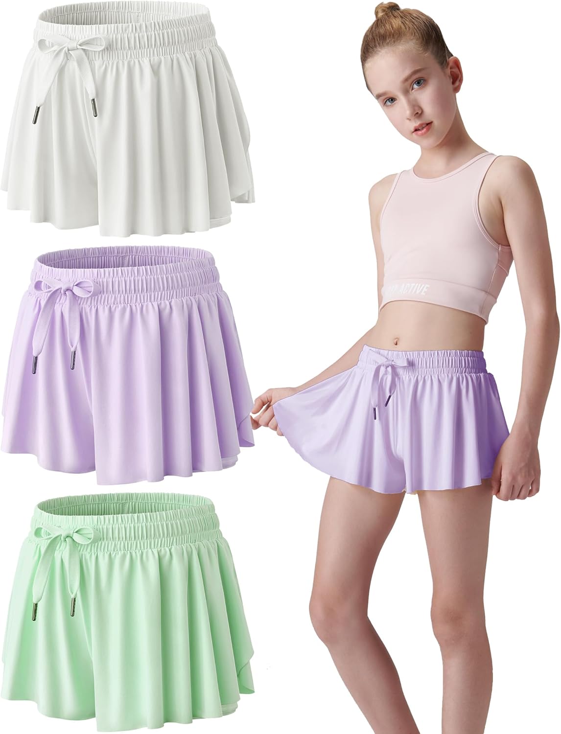 3 Pack Girls 2-in-1 Flowy Shorts with Spandex Liner for Fitness and Sports - Picture 22 of 120