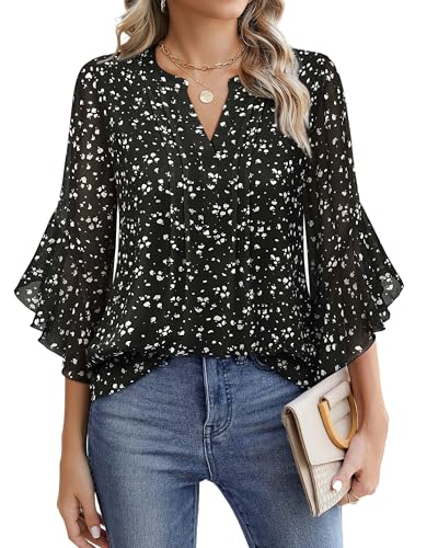 Womens 3/4 Sleeve Tops Dressy Casual Business Work Blouses Chiffon Office Shirts - Picture 25 of 30