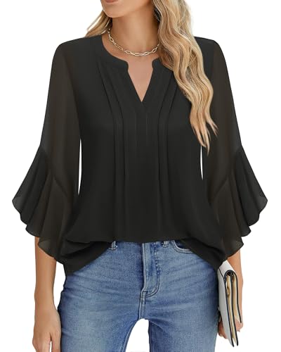 Womens 3/4 Sleeve Tops Dressy Casual Business Work Blouses Chiffon Office Shirts - Picture 29 of 30