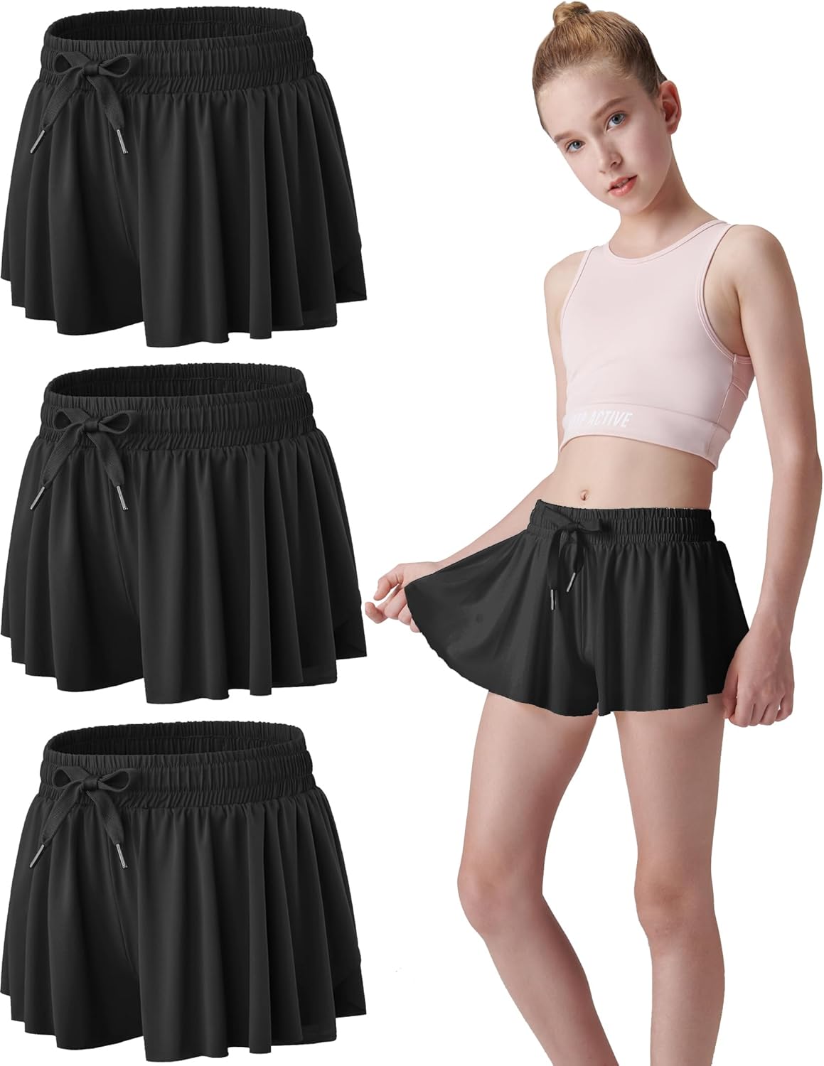 3 Pack Girls 2-in-1 Flowy Shorts with Spandex Liner for Fitness and Sports - Picture 35 of 120