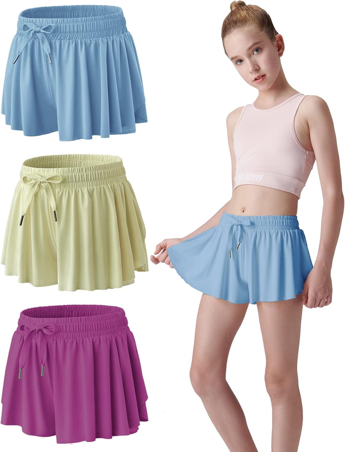 3 Pack Girls 2-in-1 Flowy Shorts with Spandex Liner for Fitness and Sports - Picture 41 of 120