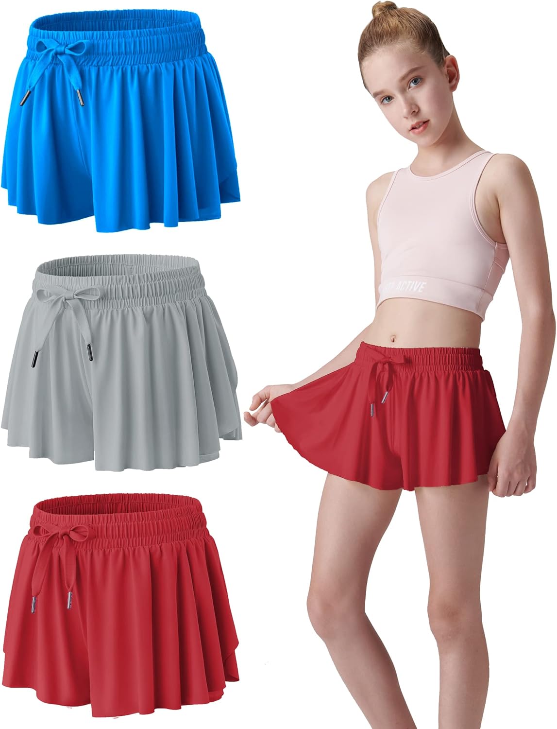 3 Pack Girls 2-in-1 Flowy Shorts with Spandex Liner for Fitness and Sports - Picture 55 of 120