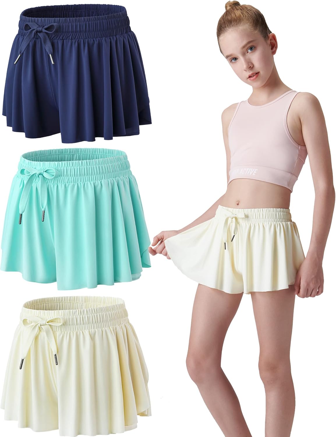 3 Pack Girls 2-in-1 Flowy Shorts with Spandex Liner for Fitness and Sports - Picture 62 of 120