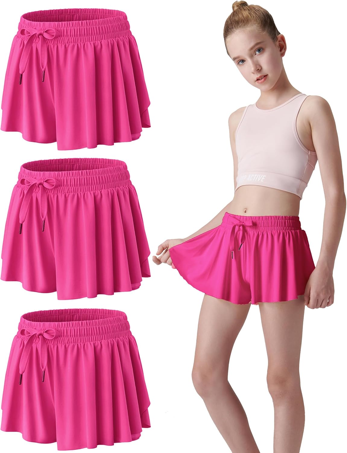 3 Pack Girls 2-in-1 Flowy Shorts with Spandex Liner for Fitness and Sports - Picture 74 of 120