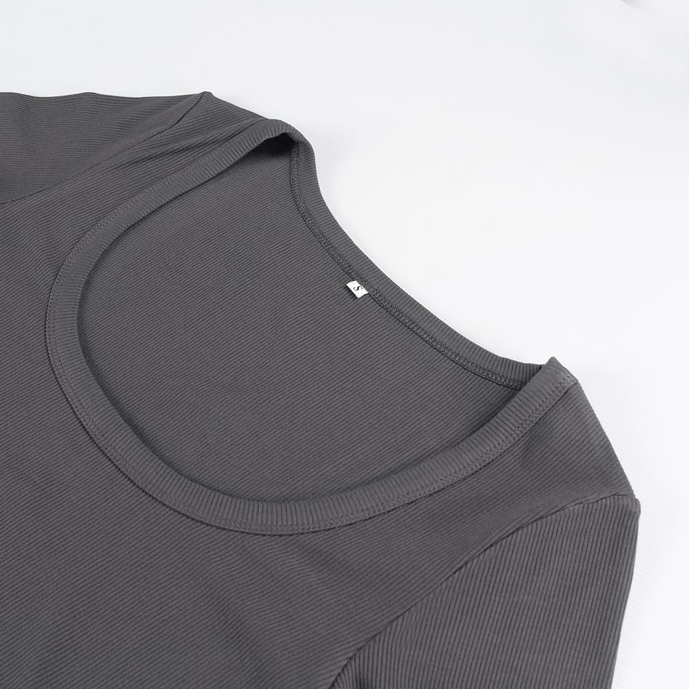 Women's Square Neck Long Sleeve Ribbed Slim Fitted Casual Basic Crop Top - Picture 25 of 95