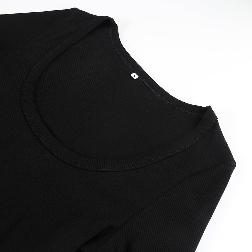 Women's Square Neck Long Sleeve Ribbed Slim Fitted Casual Basic Crop Top - Picture 29 of 95
