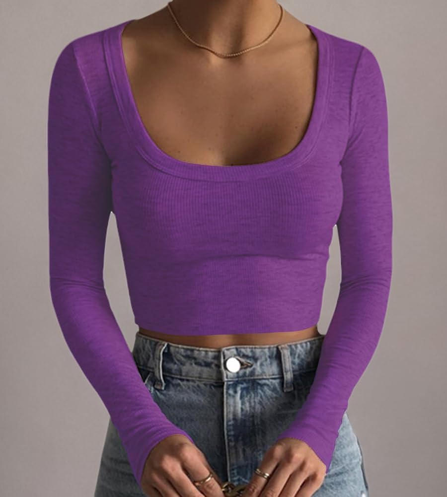 Women's Square Neck Long Sleeve Ribbed Slim Fitted Casual Basic Crop Top - Picture 36 of 95