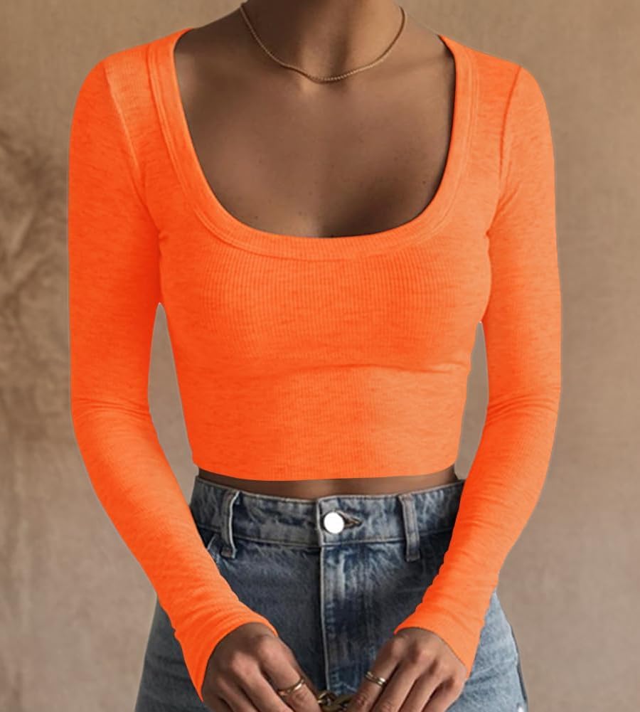 Women's Square Neck Long Sleeve Ribbed Slim Fitted Casual Basic Crop Top - Picture 38 of 95